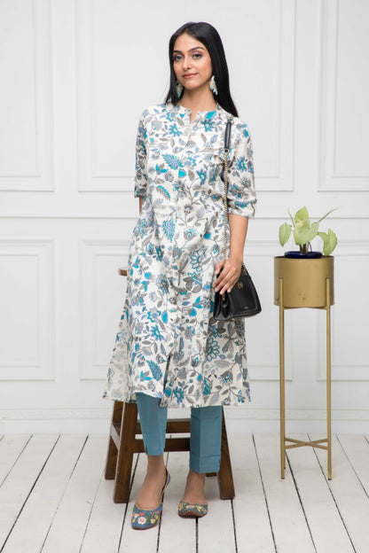 Women's Multi Floral Cotton A-Line Mandarin Collar Kurtas