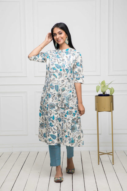 Women's Multi Floral Cotton A-Line Mandarin Collar Kurtas