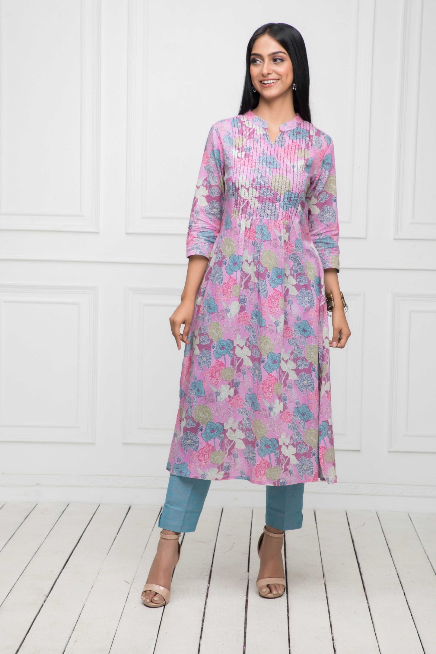 Women's Multi Floral Rayon A-Line Round Neck Kurtas