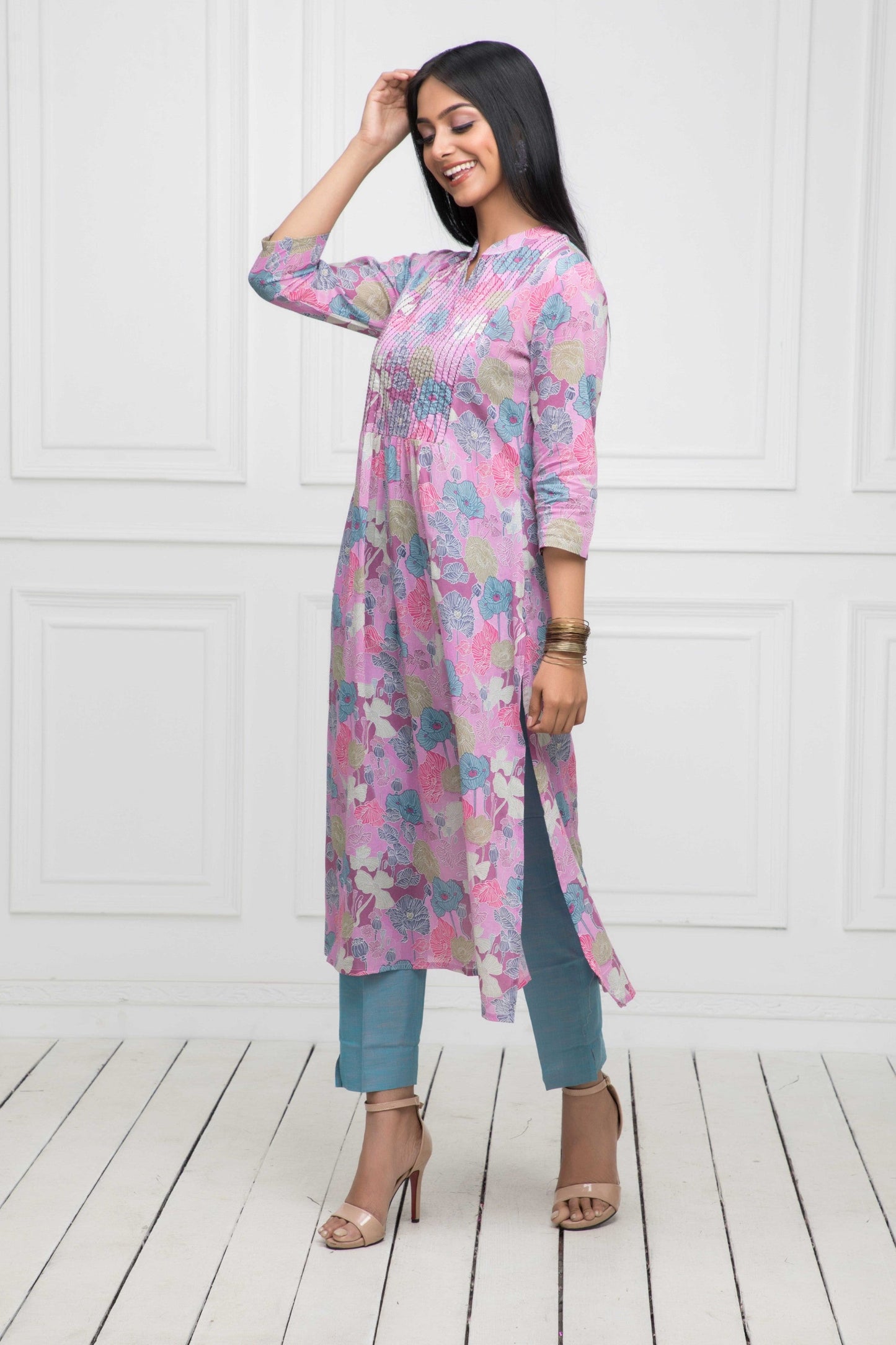 Women's Multi Floral Rayon A-Line Round Neck Kurtas