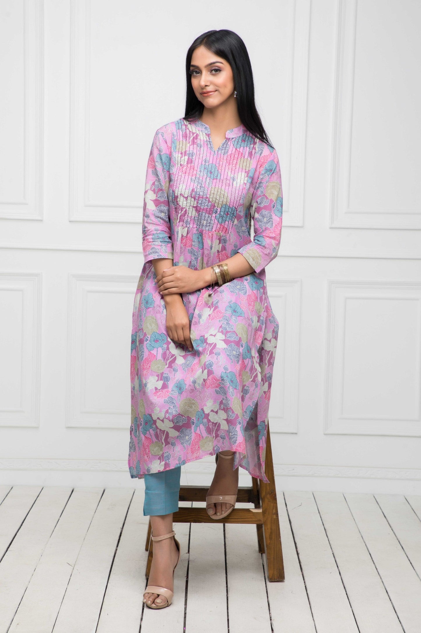 Women's Multi Floral Rayon A-Line Round Neck Kurtas