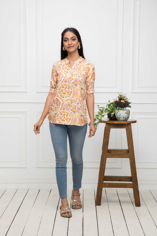 Women's Mustard Floral V-Neck Regular Sleeves Viscose Rayon Top