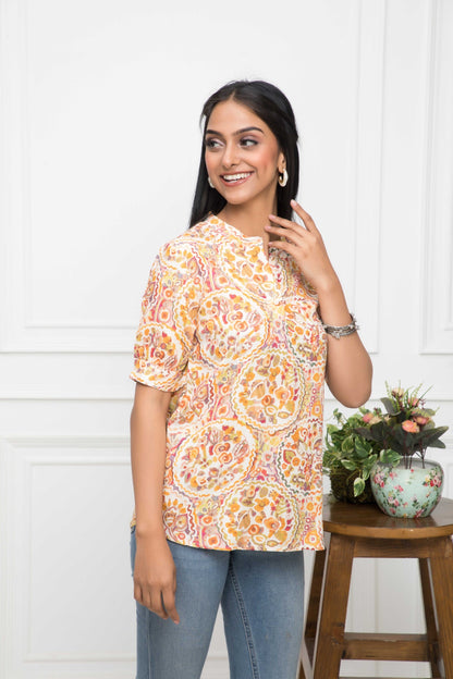 Women's Mustard Floral V-Neck Regular Sleeves Viscose Rayon Top