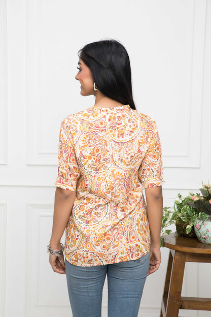 Women's Mustard Floral V-Neck Regular Sleeves Viscose Rayon Top