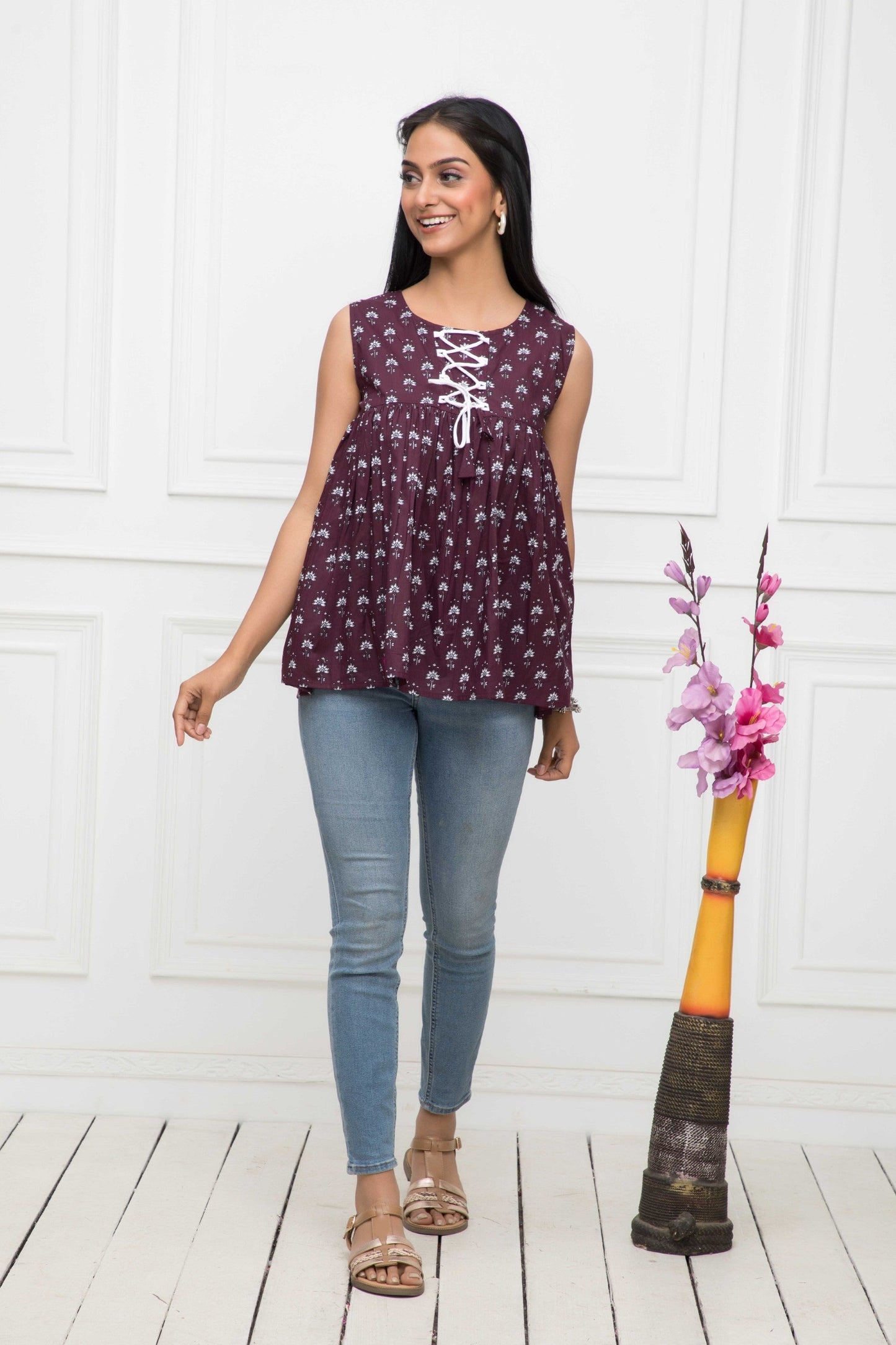 Women's Brown Solid Round Neck No Sleeves Cotton Top