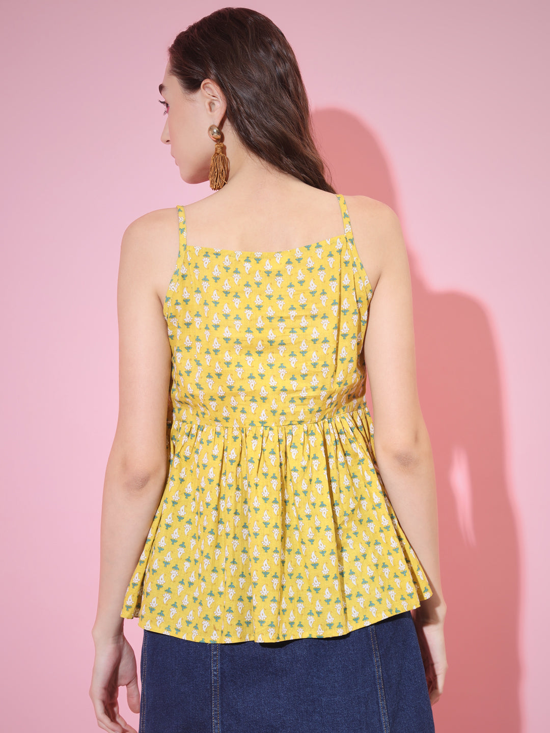 Women's Yellow Printed Sweetheart Neck Top