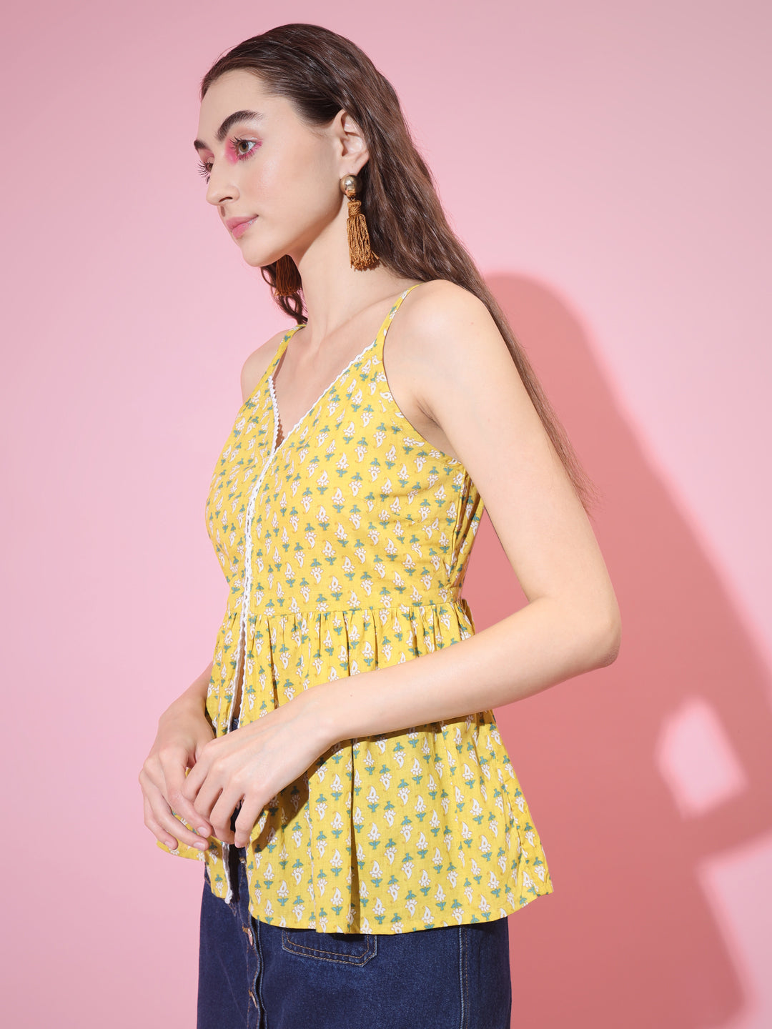 Women's Yellow Printed Sweetheart Neck Top