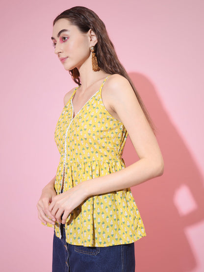 Women's Yellow Printed Sweetheart Neck Top