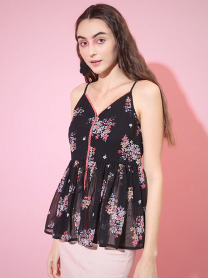 Women's Black Printed Sweetheart Neck Top