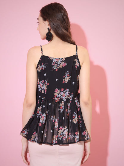 Women's Black Printed Sweetheart Neck Top