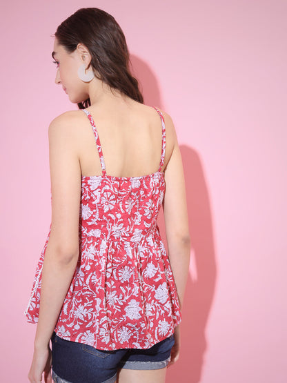 Women's Red Printed Sweetheart Neck Top