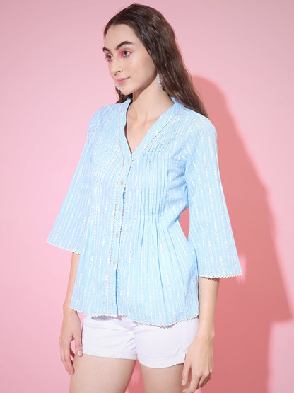 Women's Blue Printed V-Neck Top
