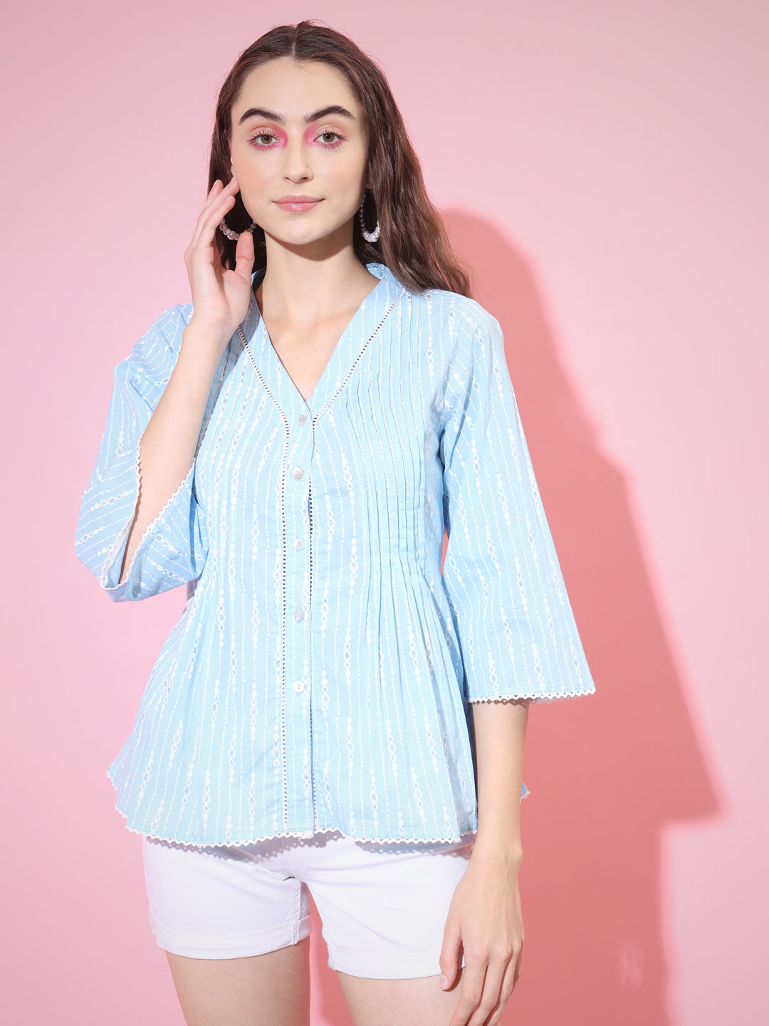 Women's Blue Printed V-Neck Top