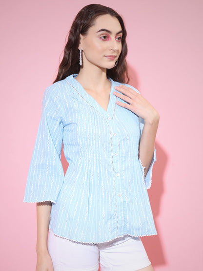 Women's Blue Printed V-Neck Top