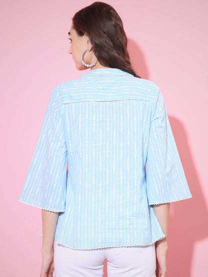 Women's Blue Printed V-Neck Top