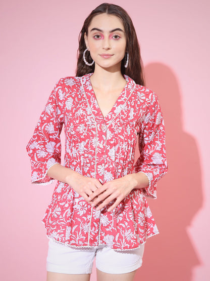 Women's Red Printed V-Neck Top