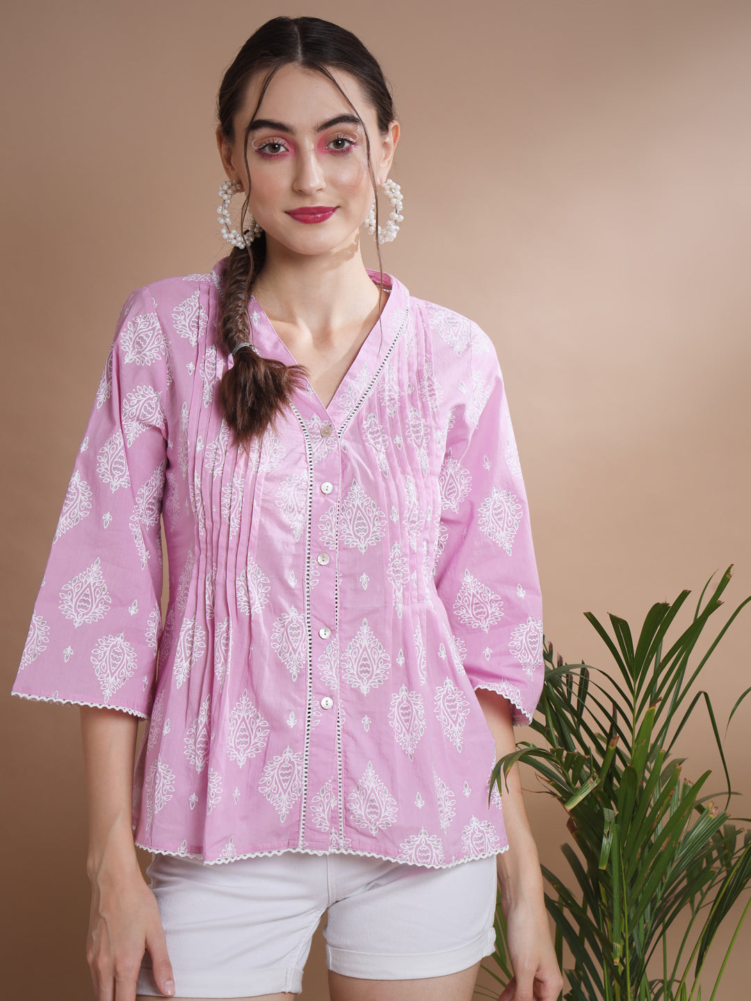 Women's Pink Printed V-Neck Top