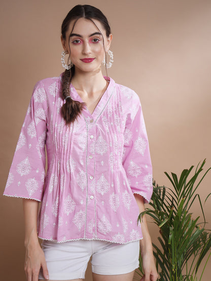 Women's Pink Printed V-Neck Top
