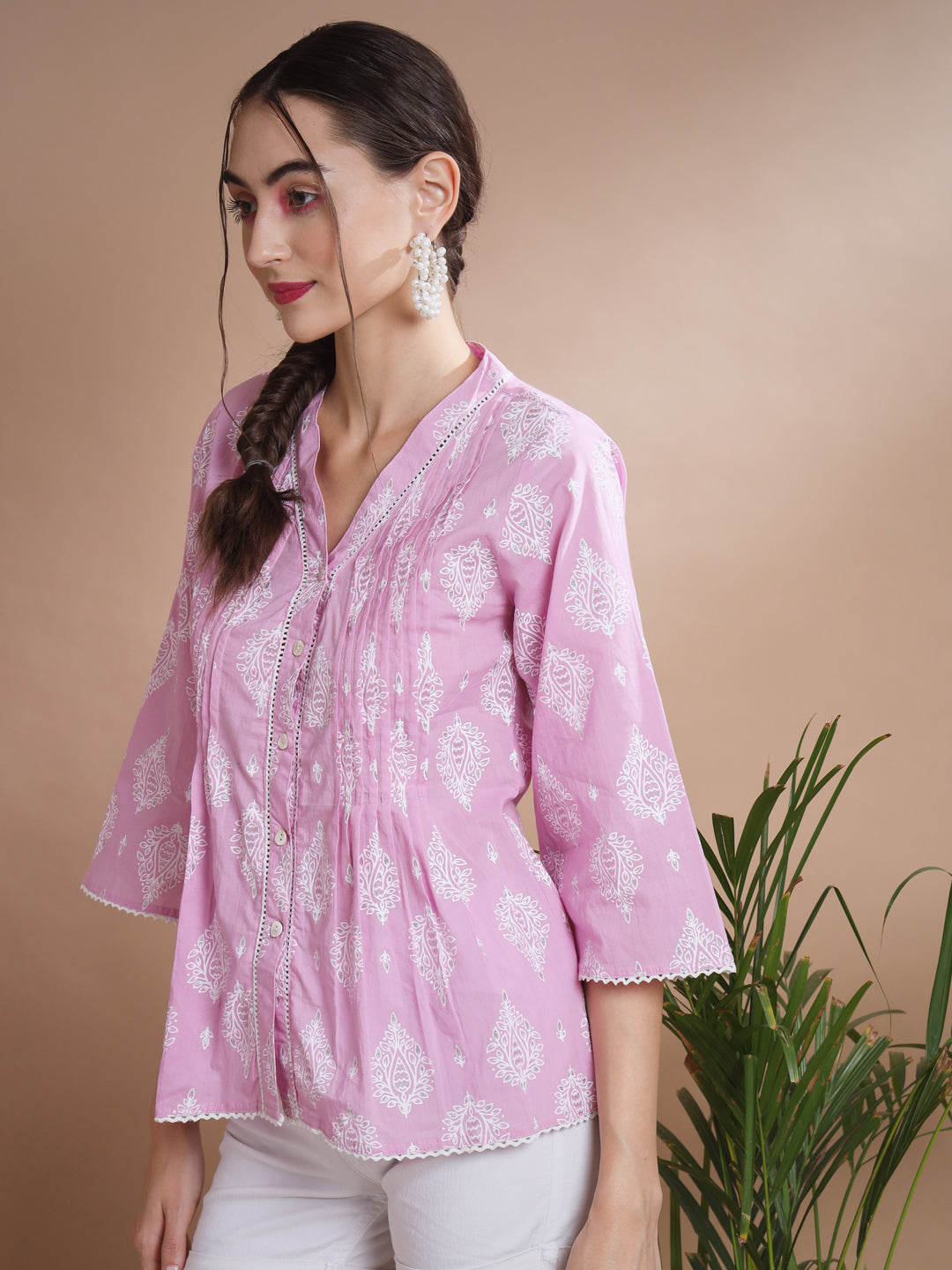 Women's Pink Printed V-Neck Top