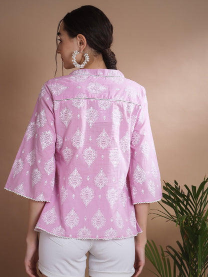 Women's Pink Printed V-Neck Top