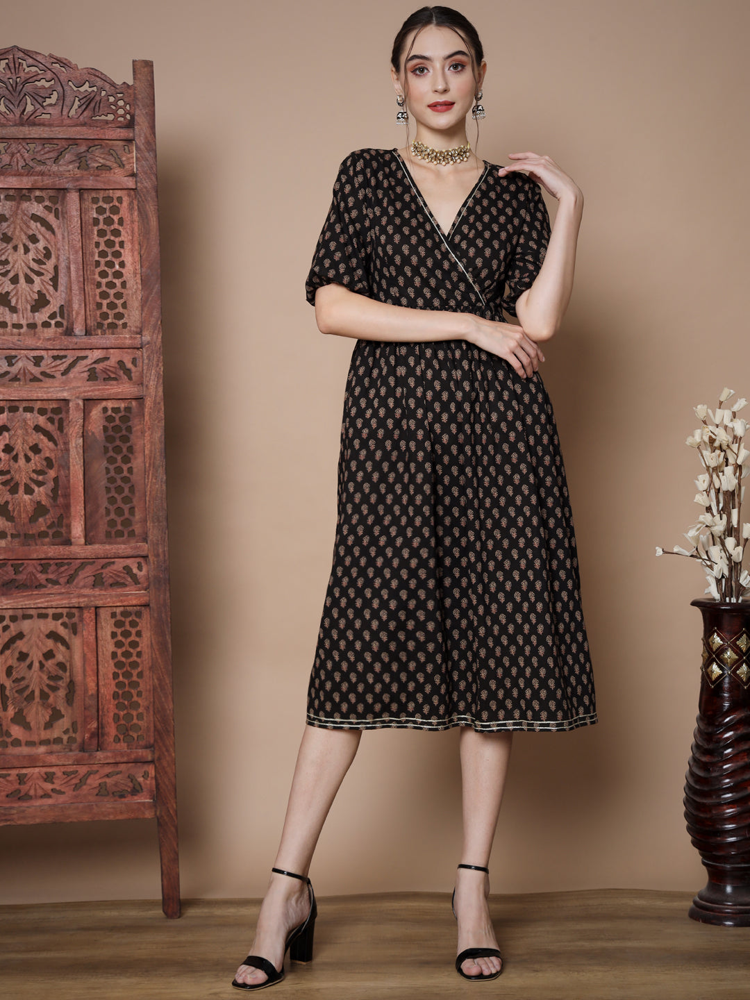 Women's Black Floral Printed Empire Dress