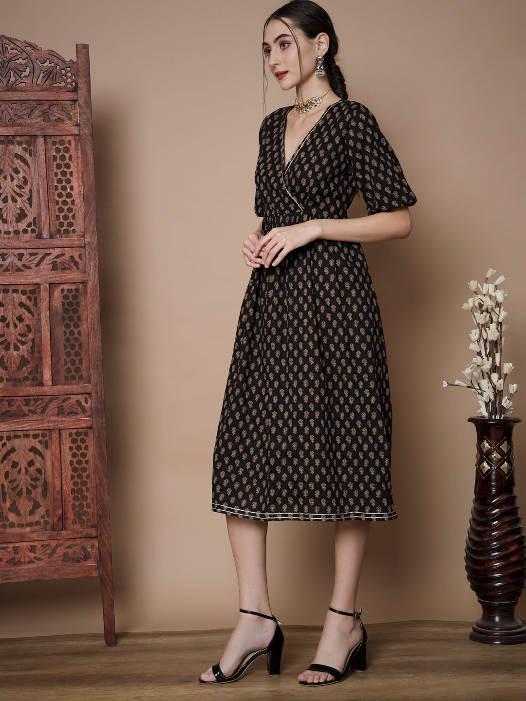Women's Black Floral Printed Empire Dress