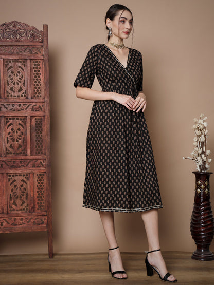 Women's Black Floral Printed Empire Dress