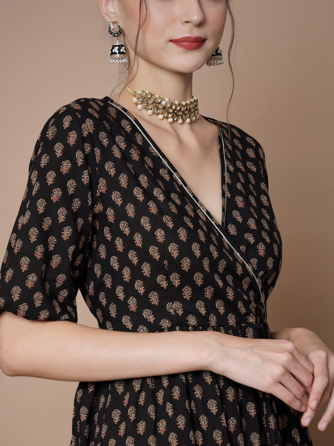 Women's Black Floral Printed Empire Dress