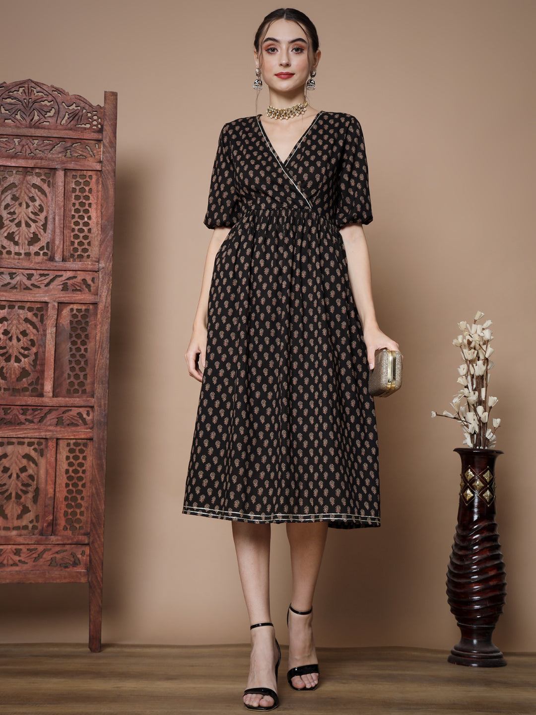 Women's Black Floral Printed Empire Dress