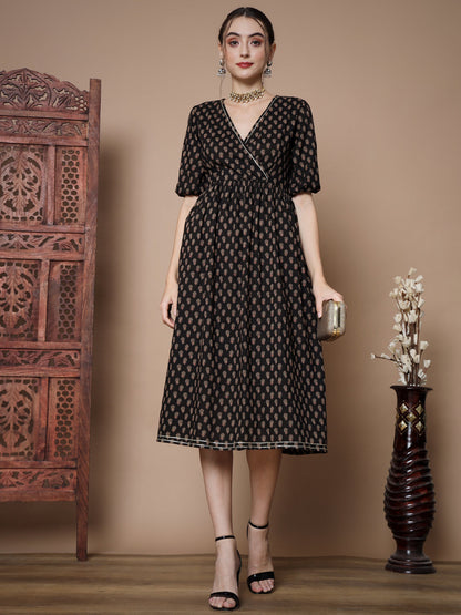 Women's Black Floral Printed Empire Dress
