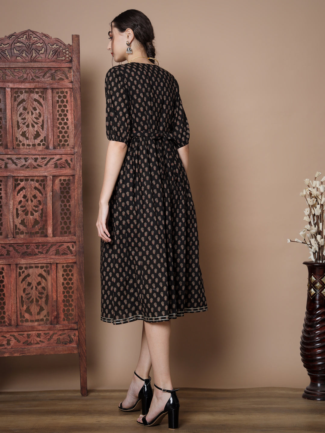 Women's Black Floral Printed Empire Dress