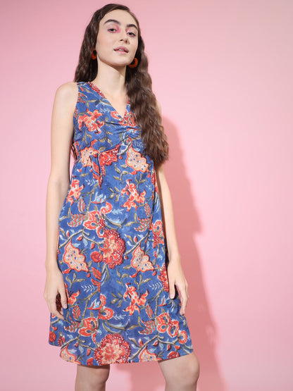 Women's Blue Floral Printed A-Line Dress