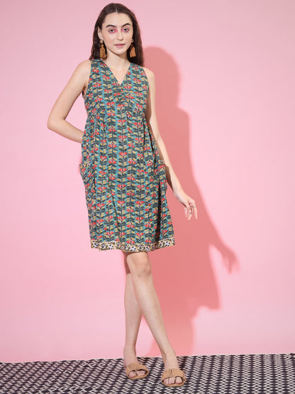 Women's Green Floral Printed A-Line Dress