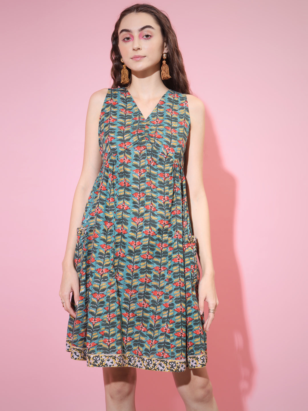 Women's Green Floral Printed A-Line Dress