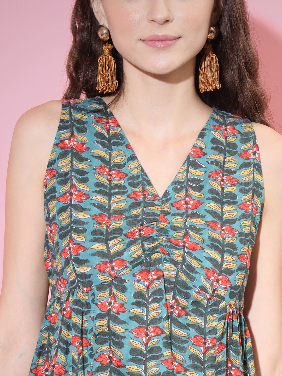 Women's Green Floral Printed A-Line Dress