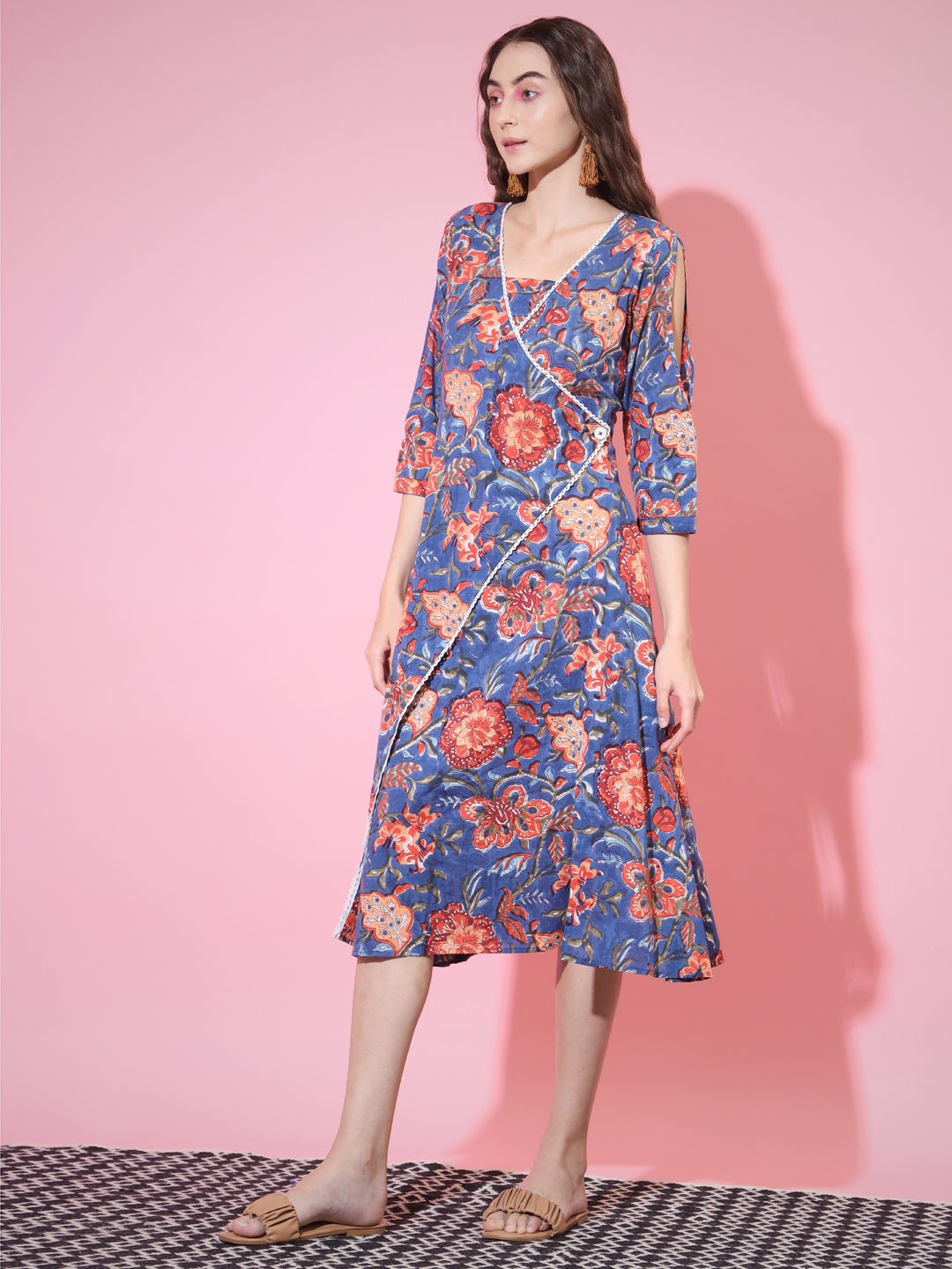 Women's Blue Floral Printed A-Line Dress