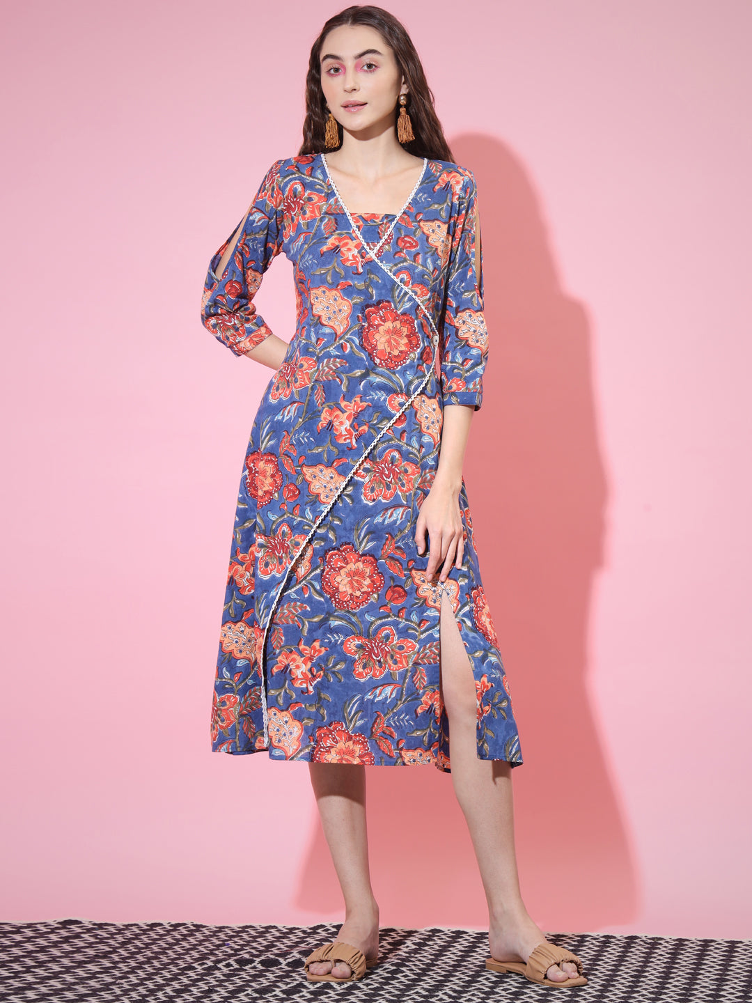 Women's Blue Floral Printed A-Line Dress