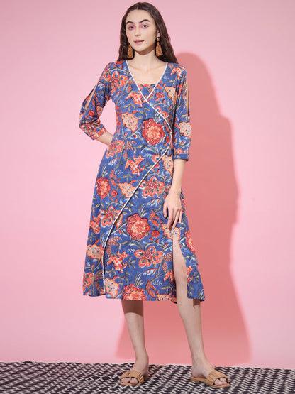 Women's Blue Floral Printed A-Line Dress