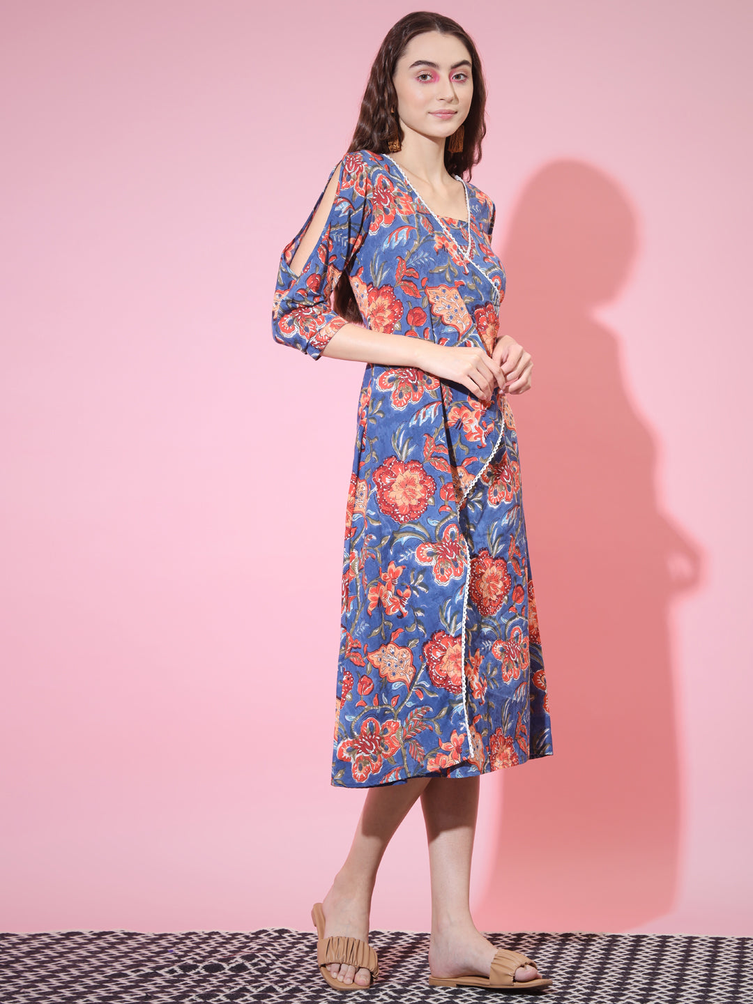 Women's Blue Floral Printed A-Line Dress