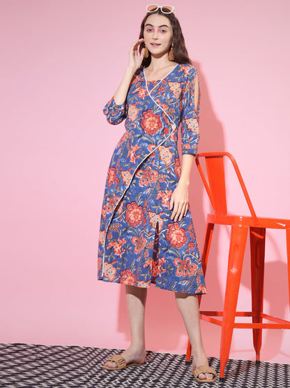 Women's Blue Floral Printed A-Line Dress