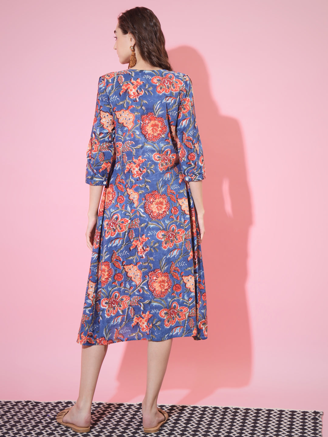 Women's Blue Floral Printed A-Line Dress