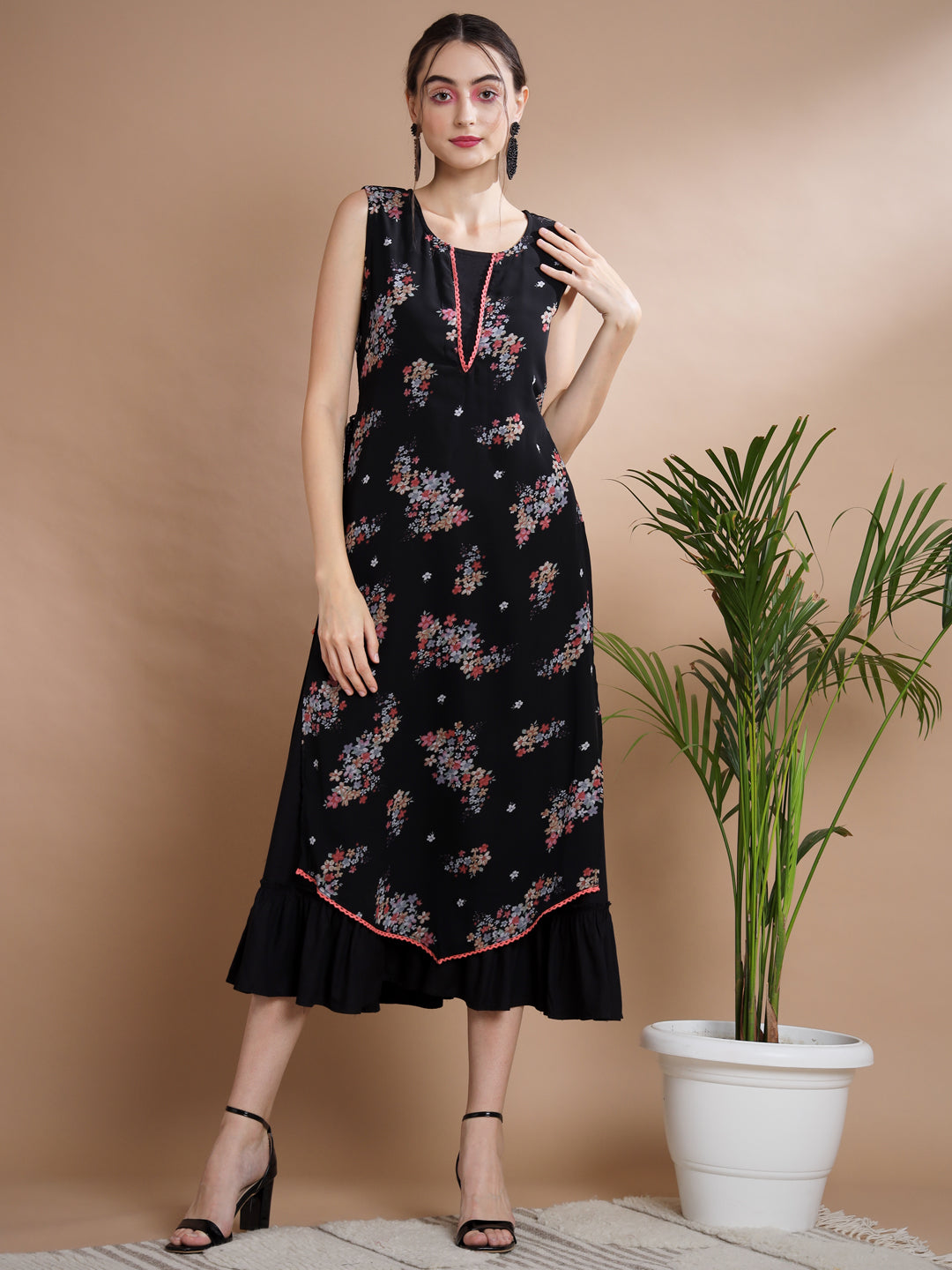 Women's Black Floral Printed Gown Dress