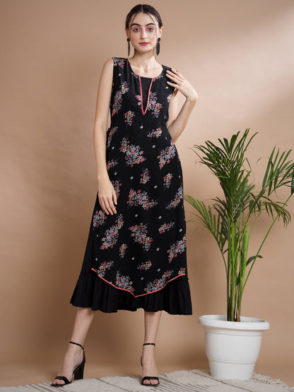 Women's Black Floral Printed Gown Dress