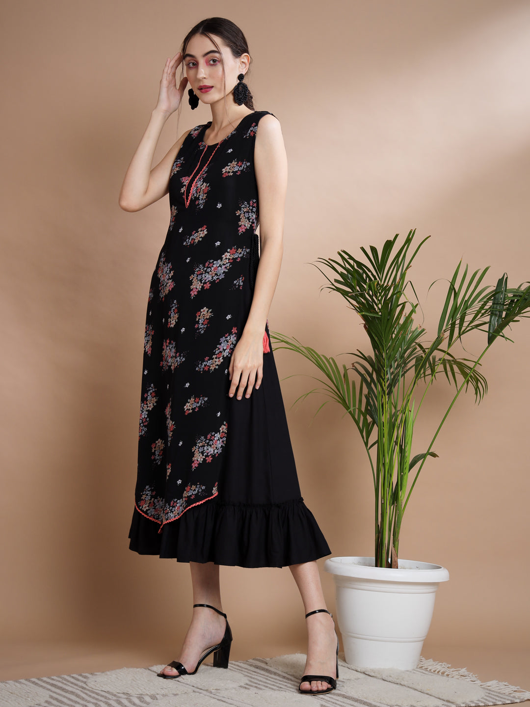 Women's Black Floral Printed Gown Dress