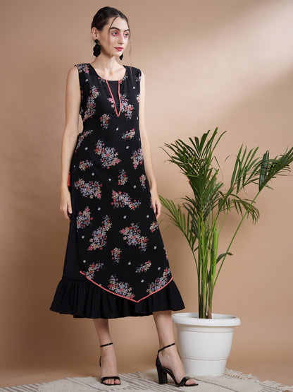 Women's Black Floral Printed Gown Dress