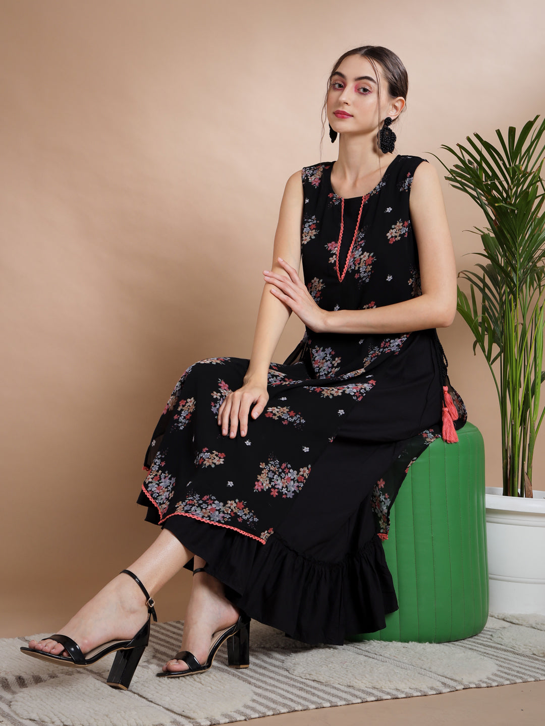 Women's Black Floral Printed Gown Dress