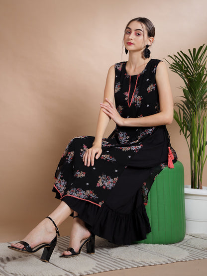 Women's Black Floral Printed Gown Dress