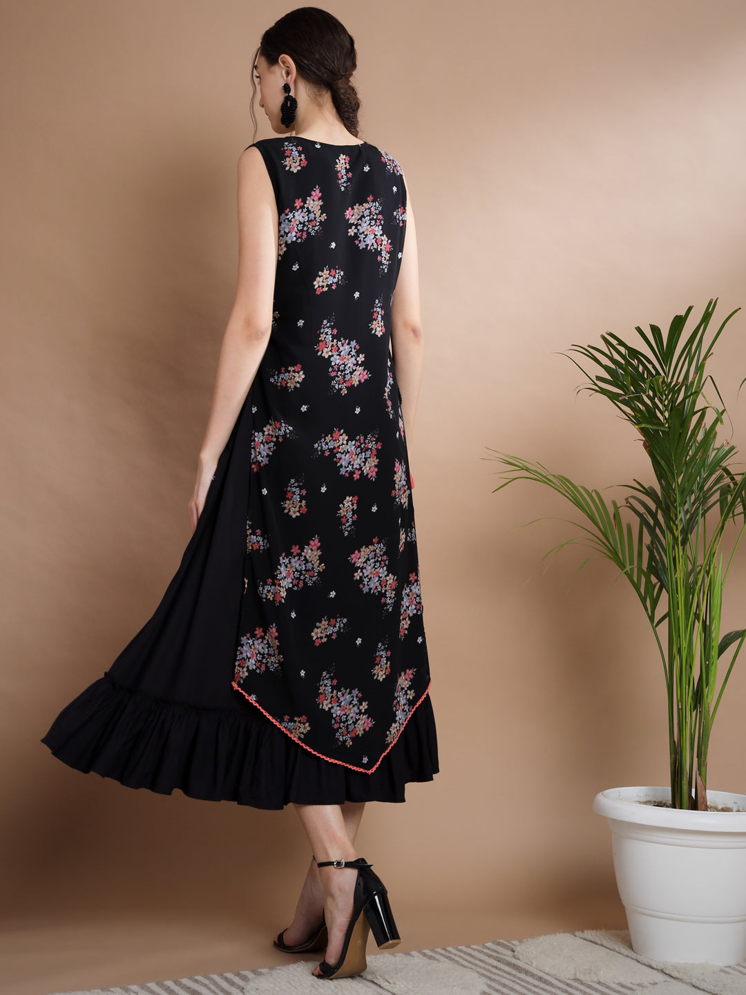 Women's Black Floral Printed Gown Dress