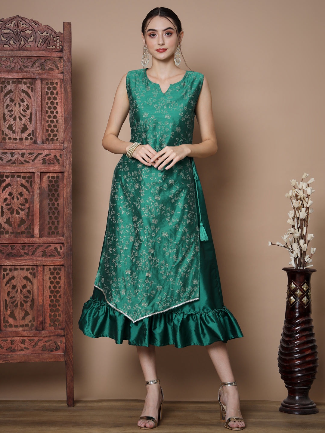 Women's Teal Floral Printed Gown Dress