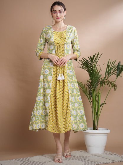 Women's Yellow Floral Printed Gown Dress